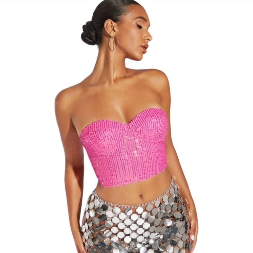 Strapless Sequin Bustier Crop Top - Pink
